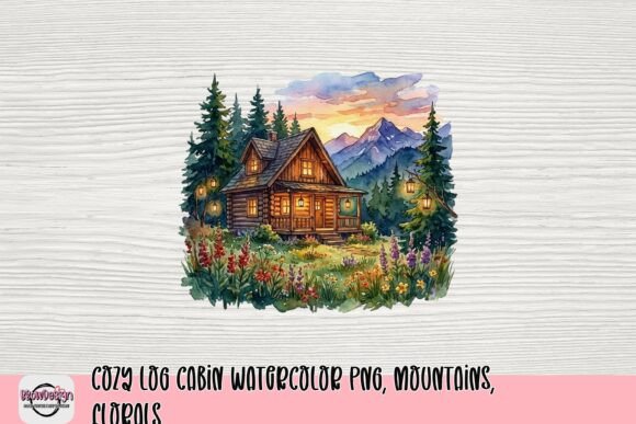 Strategic Branding with Cozy Log Cabin Watercolor PNG, Mountains, and Florals